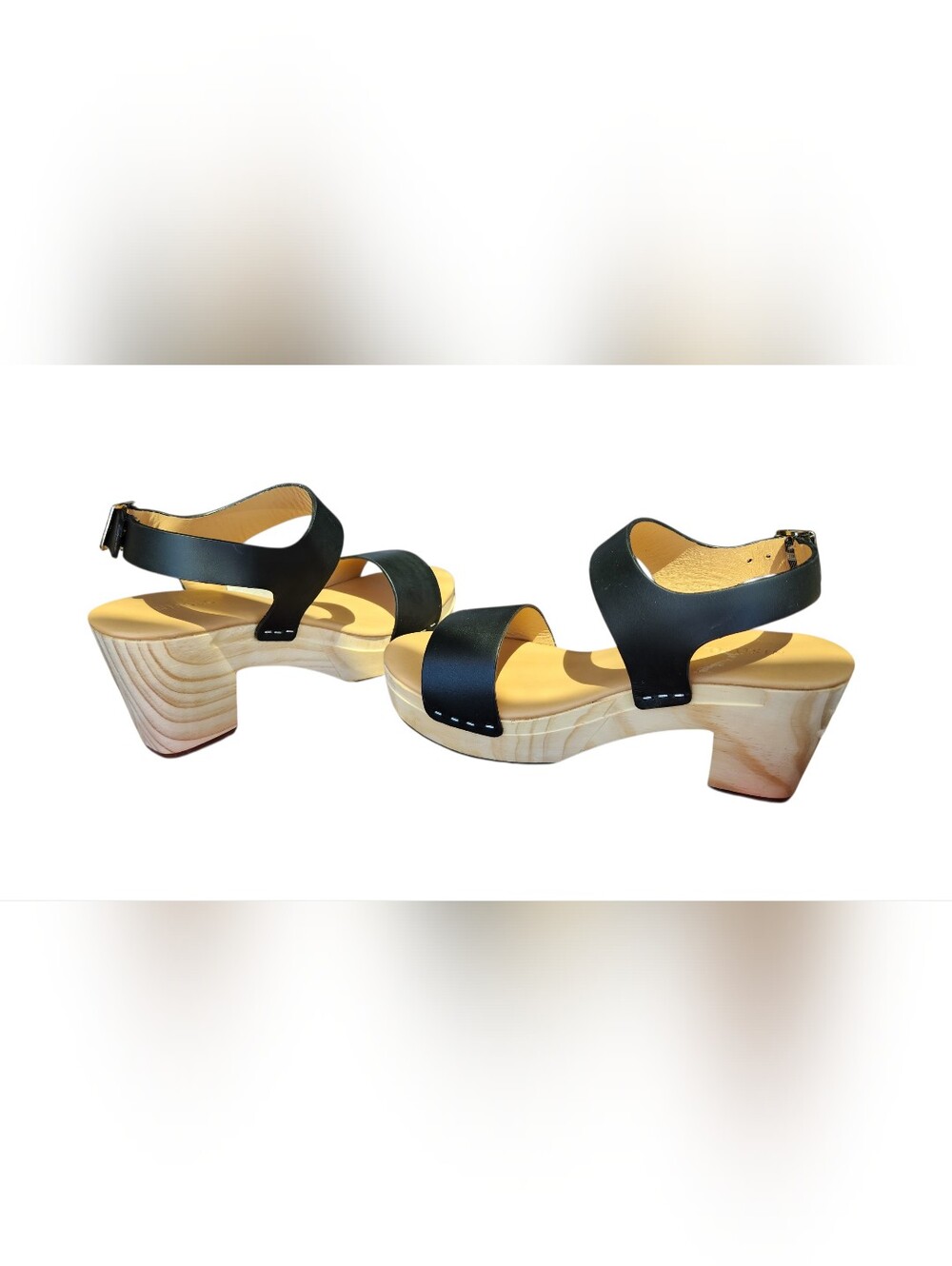 Nisolo Black Leather Double‑Band Wooden Platform Slides